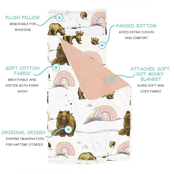 JumpOff Jo Extra Long Nap Mat for Kids - Cozy Kids Rest Mat with Removable Pillow and Ultra Soft Blanket for Preschool, Daycare, and Sleepovers - Rainbow Bears