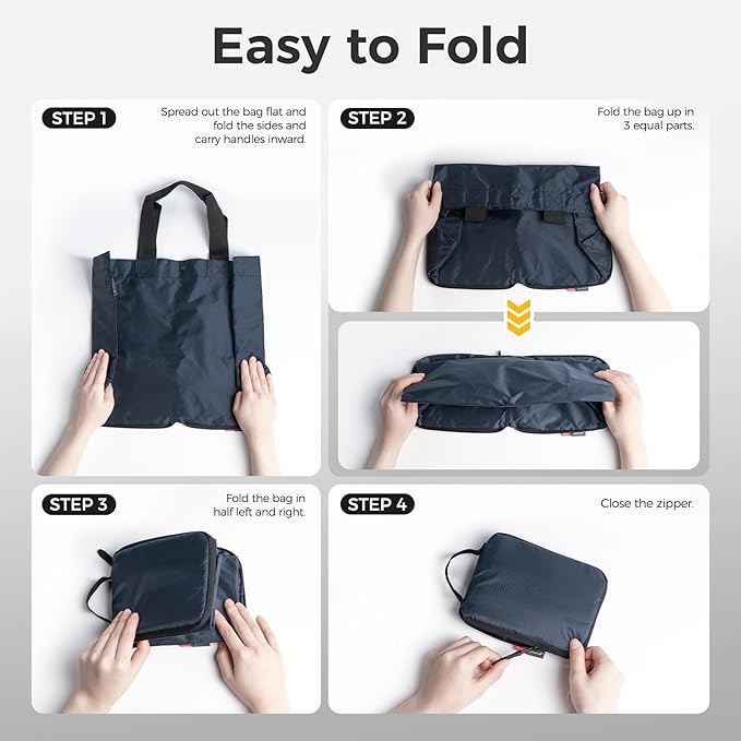 pack all Foldable Shoulder Tote Bag for Travel, 16L Lightweight Nylon Grocery Bag with Zipper, Water-resistant Work Tote for Daily Use (Navy Blue)