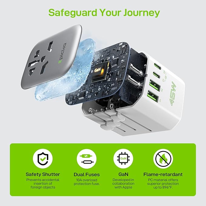 EPICKA Pulse 45W International Power Adapter, Universal Travel Adapter with PD Fast Charging, 5-Port (1 AC/2 USB-A/2 USB-C) European Travel Plug Adapter, Travel Essentials (White)
