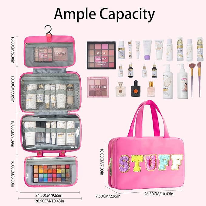 Toiletry Bag with Hanging Hook Chenille Letter Cosmetic Bag Spacious Travel Bag Water-resistant Makeup Bag for Store Toiletries Cosmetic Accessories and Sets for Women Rose Red
