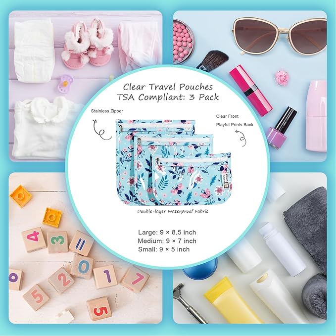 HIONXMGA TSA Approved Toiletry Bag, Set of 3 Clear Travel Toiletry Bag Quart Size Zipper Travel Pouch, Waterproof Makeup Cosmetic Bag for Women Men Kids Toiletries Carry on, Floral World
