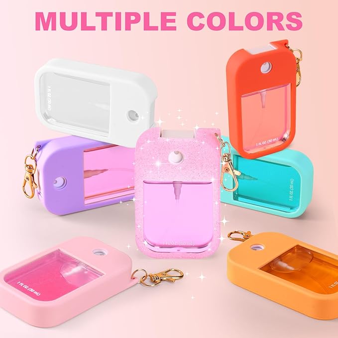 Palksky Hand Sanitizer Spray Glitter Case for Touchland,Silicone Case with Keychain for Power Mist and Glow Mist 1 fl oz(Glitter Sequin Pink and White),Travel Size