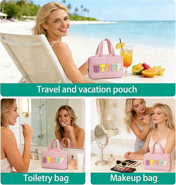 Travel Toiletry Bag for Women Chenille Letter Cosmetic Bag Fashion Stripes Water-resistant Makeup Bag with Hanging Hook for Store Toiletries Cosmetic Accessories Medium Pink