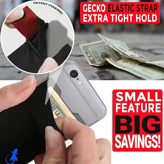 Phone Wallet - Adhesive Card Holder - Cell Phone Pouch - Stick on Lycra Pocket by Gecko - Carry Credit Cards and Cash
