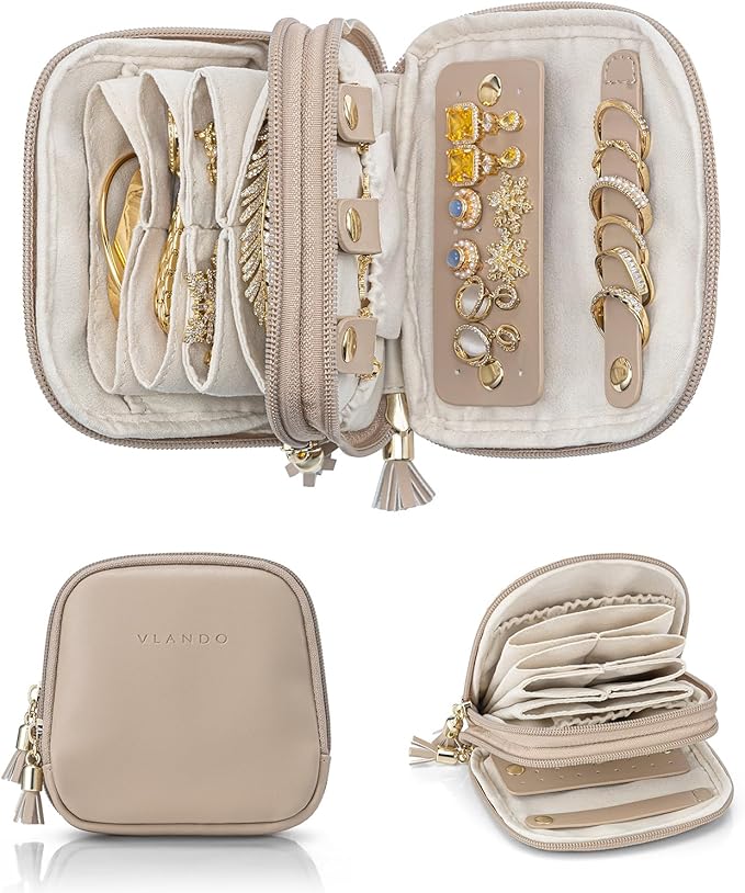 VLANDO Travel Jewelry Case,2-Layer Jewelry Organizer for Travel,Mothers Day Mom Gifts,Multi-Compartment Jewelry Storage for Rings Earrings Necklaces Bracelets-Toffee
