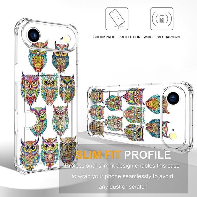 Compatible with iPhone 17 Air Case Card Holder for Women Cute Design,Wallet Phone Cases Transparent Cool Kawaii Protective (Clear Colorful Owls Cartoon)