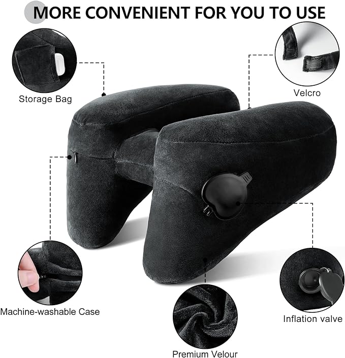 Sunany Travel Neck Pillow for Airplane Pillow Comfortably Supports Head, Neck and Chin, Inflatable Travel Pillow with Soft Velour Cover and Portable Drawstring Bag (Black) (Black, H)