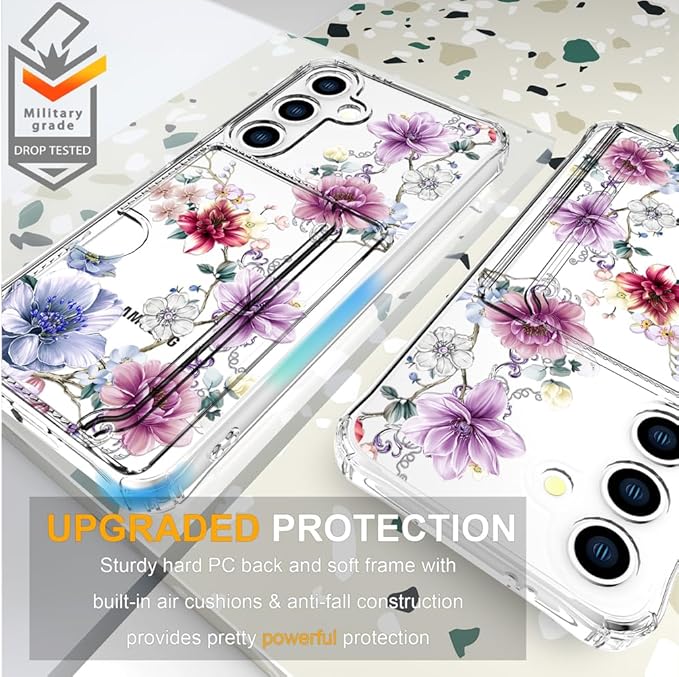 Compatible with Samsung Galaxy S24 / S25 Case Card Holder for Women Cute Design,Wallet Phone Cases Transparent Cool Kawaii Protective (Clear Wonderful Large Flowers)