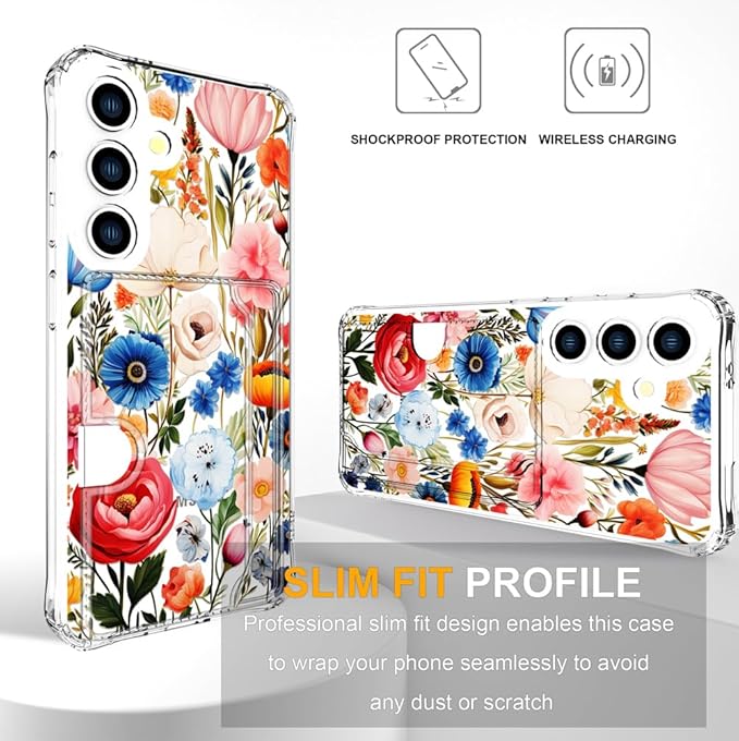 Compatible with Samsung Galaxy S24 / S25 Case Card Holder for Women Cute Design,Wallet Phone Cases Transparent Cool Kawaii Protective (Clear Flower Art Rose Peony)