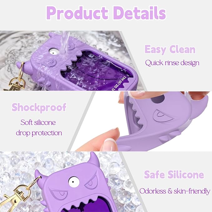 Hand Sanitizer Case Compatible with Touchland 1 Fl Oz, Cute Monster Silicone Spray Holder with Keychain for Bags, Purple