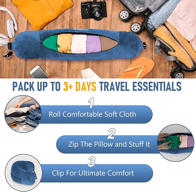 Travel Neck Pillow Stuffable with Clothes, Stuffable Neck Pillow for Travel, Packable Fillable Storage Bag for Airplane, Soft Velvet Pillow Case Cover