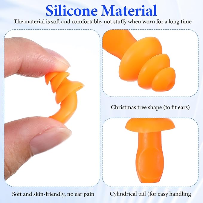 220 Pairs Orange Silicone Ear Plugs with String, Reusable Earplugs Individually Wrapped, 25dB NRR Corded Ear Plugs Hearing Protection Earplugs Noise Reduction for Work Sleep Sports Study