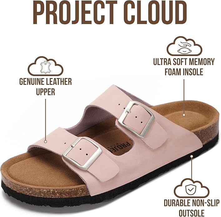 Project Cloud 100% Genuine Leather Flat Sandals For Women 2026 Cork Footbed Womens Sandals with Memory Foam and arch support Vacation Essentials Slides for Women Footwear (Venita)
