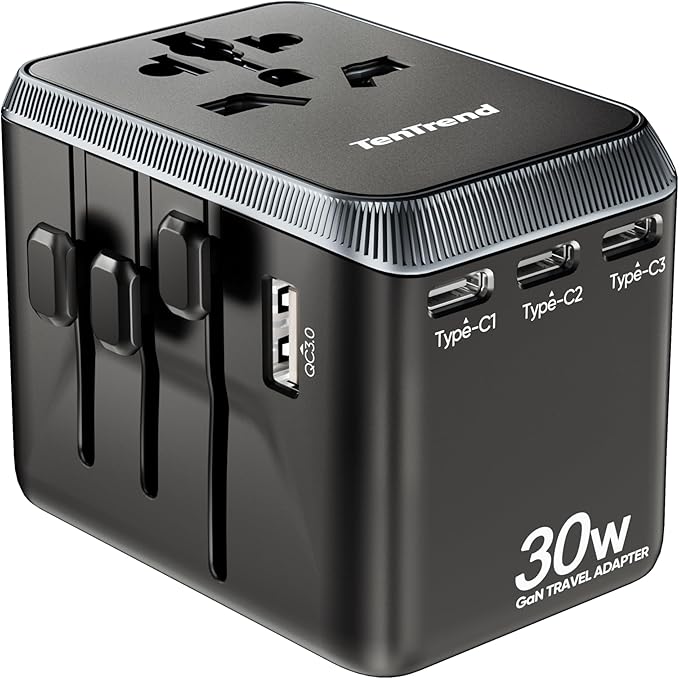 TenTrend Universal Travel Adapter, 30W International Power Adapter with 4 USB-C & 1 USB-A Ports, European Travel Plug Adapter, Worldwide Travel Essentials for EU UK AUS USA