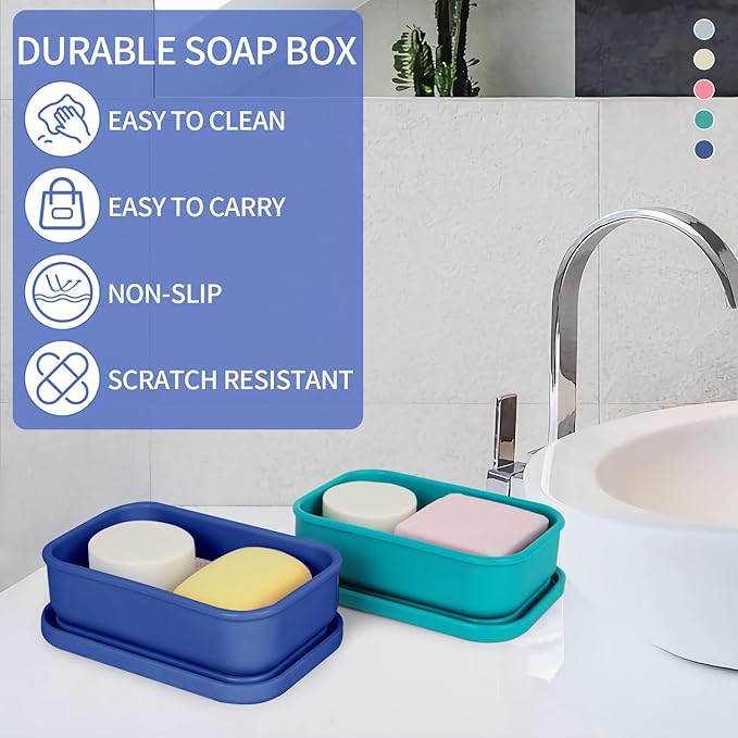Leak Proof Soap Case,Large Silicone Travel Soap Holder,Portable Soap Box with Drainage Layer,Bathroom Shatter Proof,Suitable for Travel, Bathroom, Camping, Gym(Dark Blue)