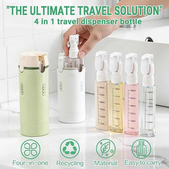 4 in 1 Travel Dispenser Bottle Set, Leakproof TSA Travel Size Containers for Toiletries, Portable Refillable Bottles, Hard Shell Rotating Design with Scale and Labels (Green, 4 Pack) (1, White)