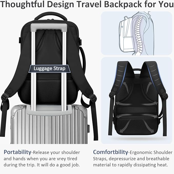 Tenot Large Travel Backpack Personal Item Size for Women Men TSA Approved Waterproof 17 Inch Laptop Backpack College Business Work Weekender Hiking Travel Essentials Backpack Black