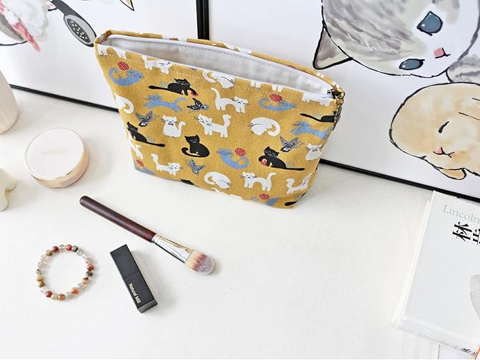 HAPPYHEIDI Canvas Pouch Travel Organizer, Brown Cats, Cotton Blend, Animal Print, Zipper Closure, 7.1x2.4x7 Inches