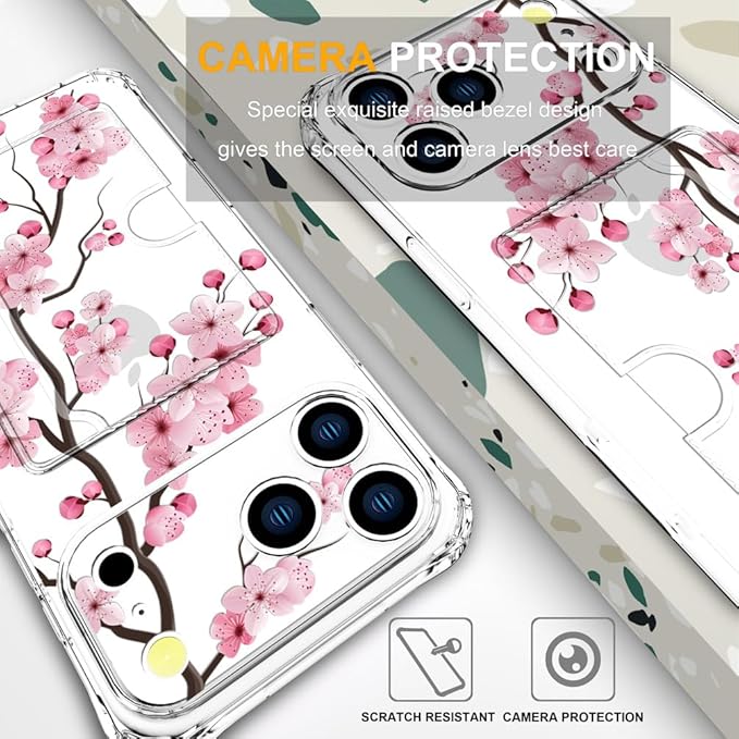 Compatible with iPhone 17 Pro Max Case Card Holder for Women Cute Design,Wallet Phone Cases Transparent Cool Kawaii Protective (Clear Sakura Peach Cherry)
