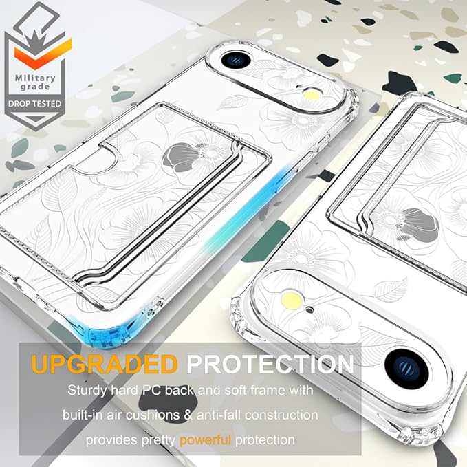 Compatible with iPhone 17 Air Case Card Holder for Women Cute Design,Wallet Phone Cases Transparent Cool Kawaii Protective (Clear Seamless Abstract Flower)