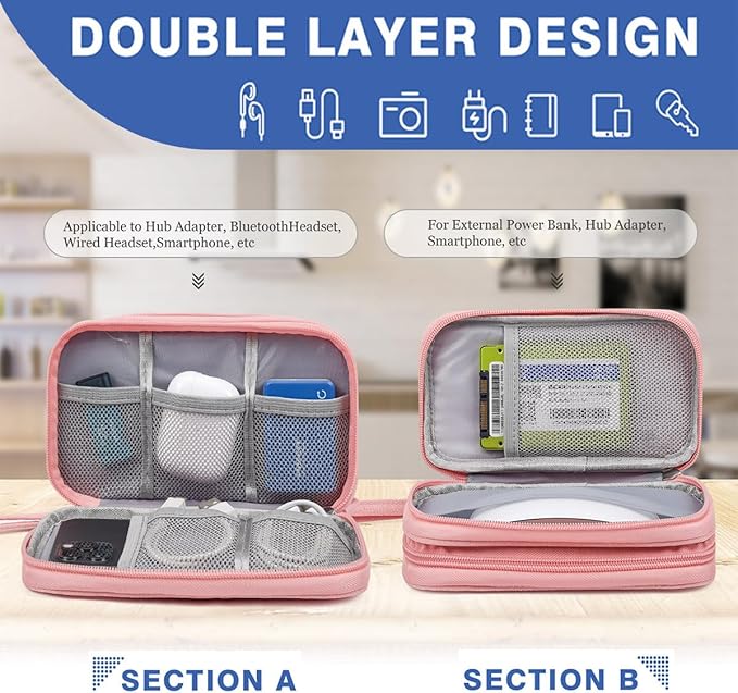 CAAORDKSO Electronic Cable Organizer Bag, Travel Electronic Accessories Carry Case Portable Waterproof Double Layers Storage Bag for Cable, Cord, Charger, Power Bank, Earphone (Light Pink, Medium)