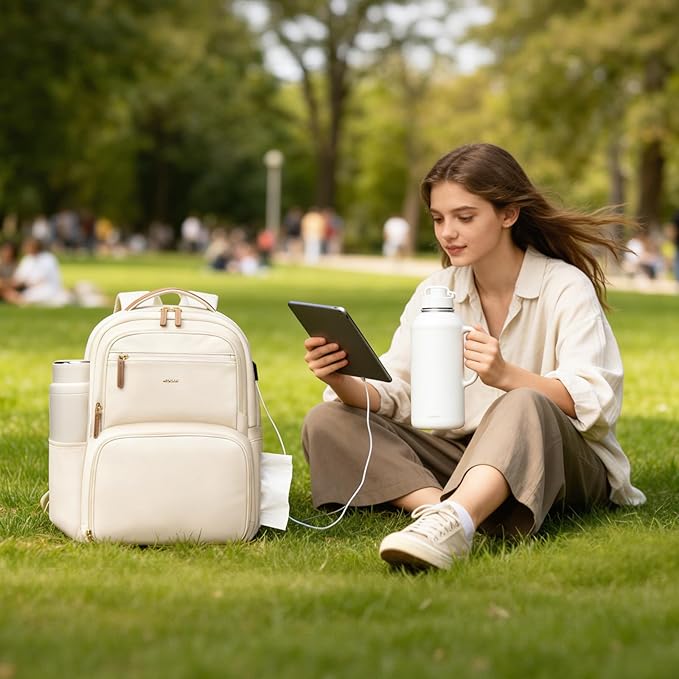 MDODO Lunch Backpack for Women Men,15.6Inch Insulated Lunch Box Backpack with USB Charging Port, Diaper Laptop Back pack for Travel Picnic Work Teacher Nurse,Beige