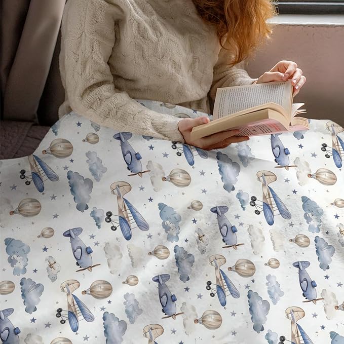 Unisex Plane Hot Air Balloons Transportation Theme Baby Nursery Throw Gift Blanket for Boys Girls, Aircraft Clouds Stars Pattern Swaddle Receiving Bed Blanket for Newborn Toddlers Kids-30x40
