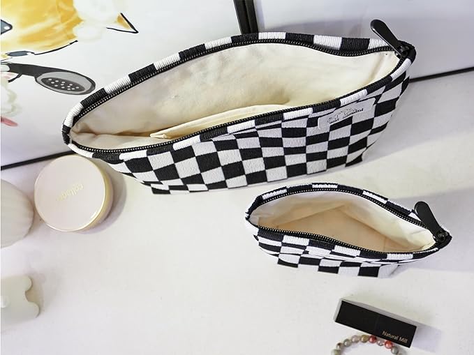 HAPPYHEIDI Women Checkered Corduroy Makeup Bag Cosmetic Pouch Purse Organiser, Canvas Lining, Cute Black White
