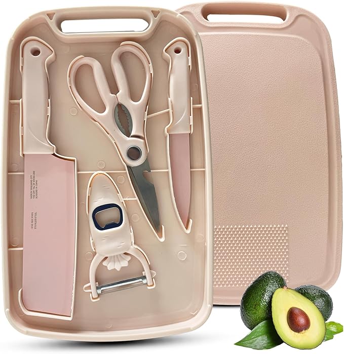 Cutting Board and Knife Set, 5 In1 Travel Cutting Boards And Knife Travel Cutting Board Kitchen Scissors and Peeler For Kitchen (Pink)