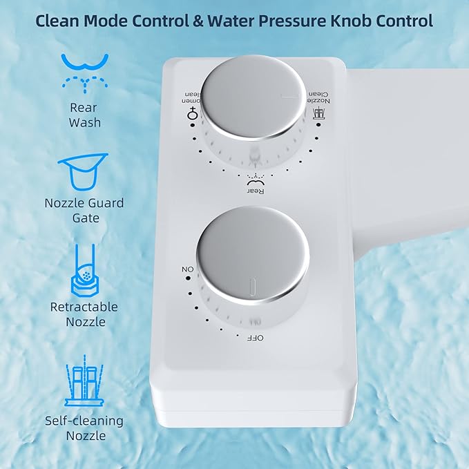 Hibbent Bidet Attachment for Toilet, Non-Electric Dual Nozzle for Frontal & Rear Wash, Adjustable Water Pressure Control, Fresh Water Bidet Toilet Seat, Self Cleaning Water Sprayer, White/Chrome