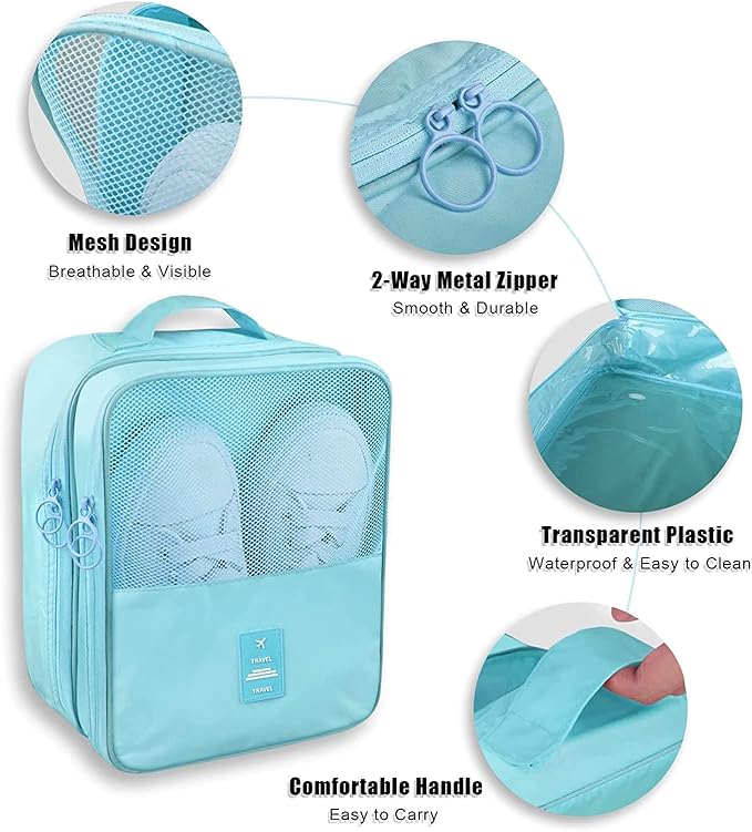 Travel Shoe Bag Waterproof Shoe Organizer Bag Holds 3 Pair of Shoes Shoe Packing Cube for Suitcase Travel and Daily Use Storage Pouch with Handle (Blue)