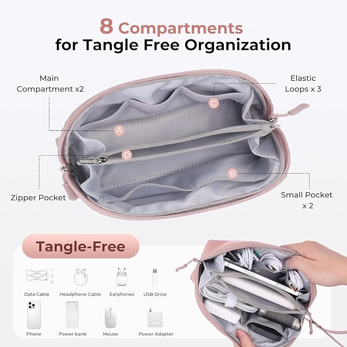 FYY Travel Cable Organizer - 8 Compartments Lightweight Water Resistant Tech Pouch with Wrist Strap, Portable Electronic Accessories Case for Cord Charger Storage for Travel Home Office, Pink (Small)