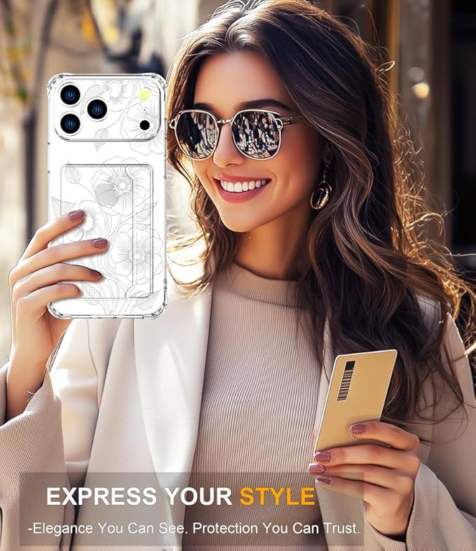 Compatible with iPhone 17 Pro Max Case Card Holder for Women Cute Design,Wallet Phone Cases Transparent Cool Kawaii Protective (Clear Seamless Abstract Flower)