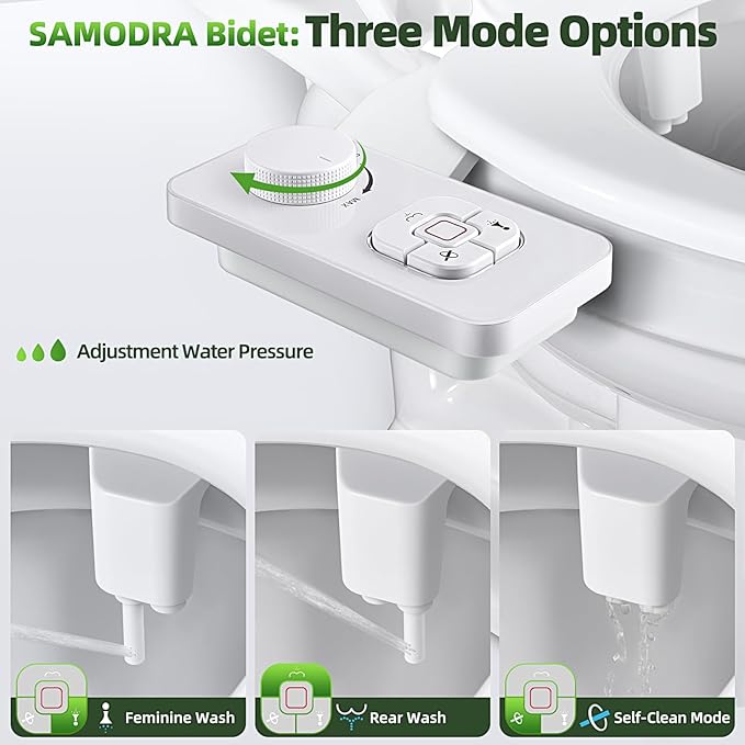 SAMODRA Bidet Attachment, Non-Electric Cold Water Bidet Toilet Seat Attachment with Pressure Controls, Retractable Self-Cleaning Dual Nozzles for Frontal & Rear Wash - White