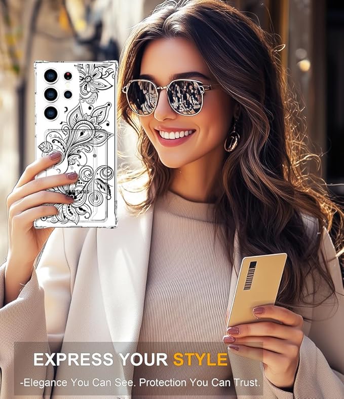 Compatible with Samsung Galaxy S24 Ultra Case Card Holder for Women Cute Design,Wallet Phone Cases Transparent Cool Kawaii Protective (Clear Black Henna Flower)
