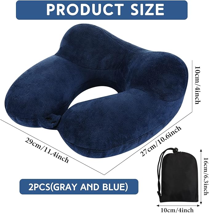 Sintuff 2 Pack Inflatable Travel Pillow for Airplanes Inflatable Neck Flight Pillows with Compact Bag and Blindfold for Traveling, Airplane, Train, Car, Office (Light Gray and Dark Blue)