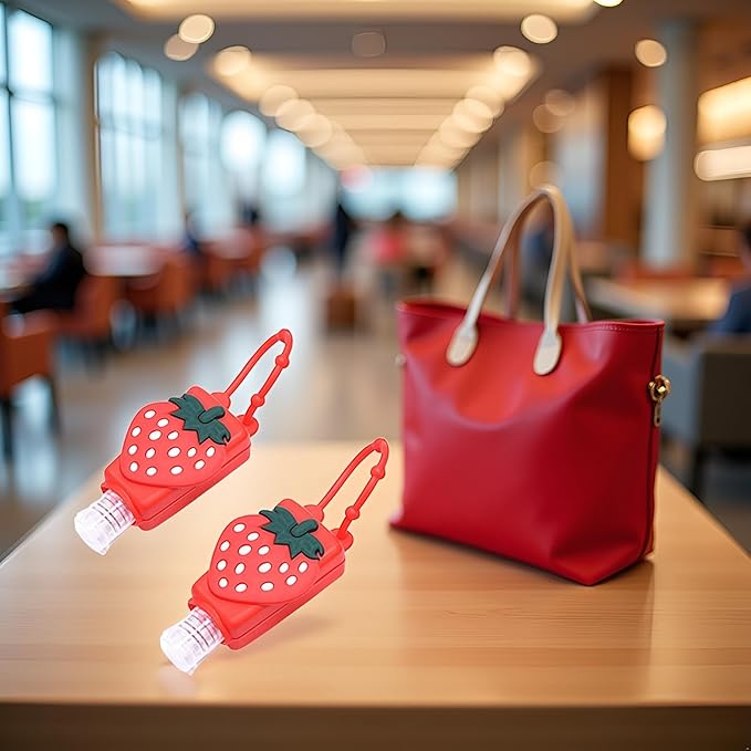 2Pcs Strawberry Empty Travel Hand Sanitizer Bottle, Silicone Sleeve Refillable Empty Squeeze Leakproof Flip Cap Keychain, Hand Soap Holder Cosmetic Containers, Refillable Portable Travel Containers