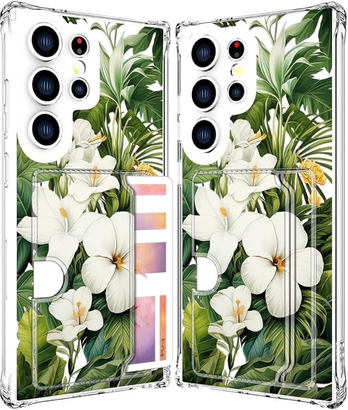 Compatible with Samsung Galaxy S24 Ultra Case Card Holder for Women Cute Design,Wallet Phone Cases Transparent Cool Kawaii Protective (Clear Green Flowers Tropical Jungle)
