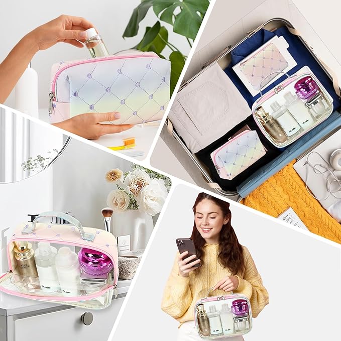 Bluboon 3Pcs Makeup Toiletry Bag for Women, Clear Packing Cubes Cosmetic Bag for Travel Women With Zipper Travel Essentials (Rainbow Heart 2)