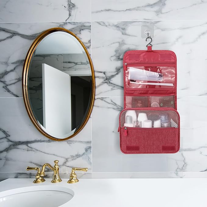 Lcsmaokin Large Capacity Toiletry Bag Travel Bag with Hanging Hook for Men and Women Waterproof Travel Cosmetic Bag Bathroom Storage Bag for Brushes Set, Full-Sized Shampoo, Toiletries, (Wine Red)