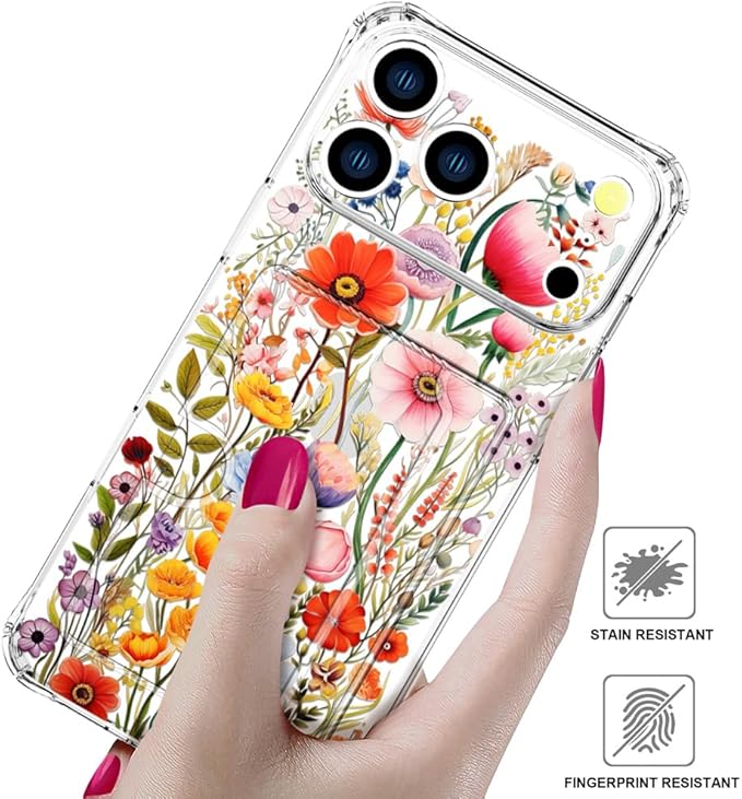 Compatible with iPhone 17 Pro Max Case Card Holder for Women Cute Design,Wallet Phone Cases Transparent Cool Kawaii Protective (Clear Flowers Lily Girly Florals)