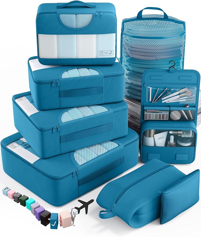 Veken 8 Set Packing Cubes for Travel Essentials, Suitcase Organizer Bags in 4 Sizes, Carry-On Luggage Accessories with Large Laundry Bag & Passport Holder, Must-Have for Airplane, Road Trip & Camping