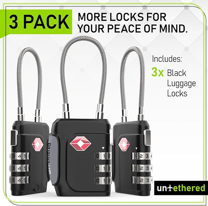 Untethered TSA Luggage Locks (3 Pack) – Resettable 3-Digit Combination TSA Approved Travel Padlocks for Suitcases, Backpacks, Gym Bags & Checked Baggage (3 Pack | Black)