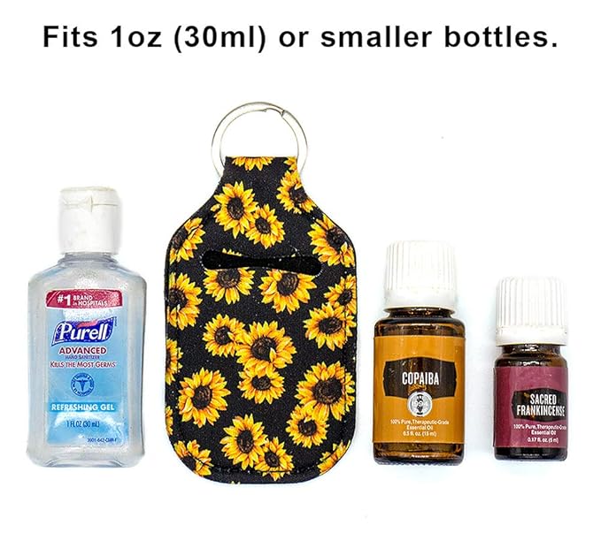 Hand Sanitizer Holder - 1 oz Travel Size Hand Sanitizer Keychain Holder, Attaches Easily with Key Ring and Carabiner Clip Sunflower Leopard