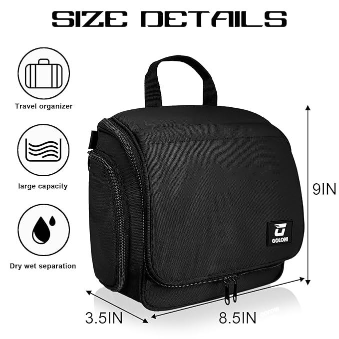 Goloni Hanging Toiletry Bag, 10 Compartments Water-Resistant Makeup Bag with 360° Spinning Metal Hook, Large Travel Cosmetic Organizer for Men & Women, Black (7.05oz)