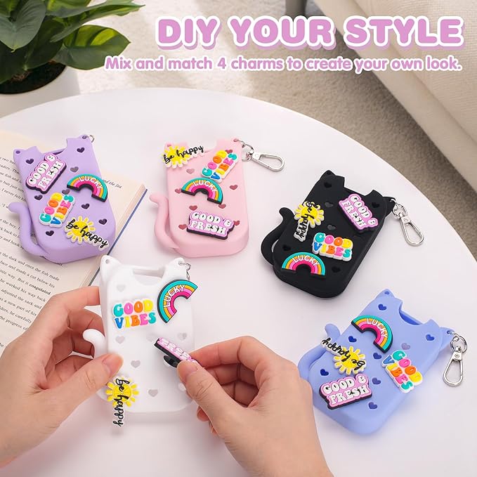 Silicone Case Holder Compatible with Hand Sanitizer Spray Touchland 1 fl oz, Cute Cat Ear Protective Case with Keychain & 4 Decorative Charms (White, 1P)