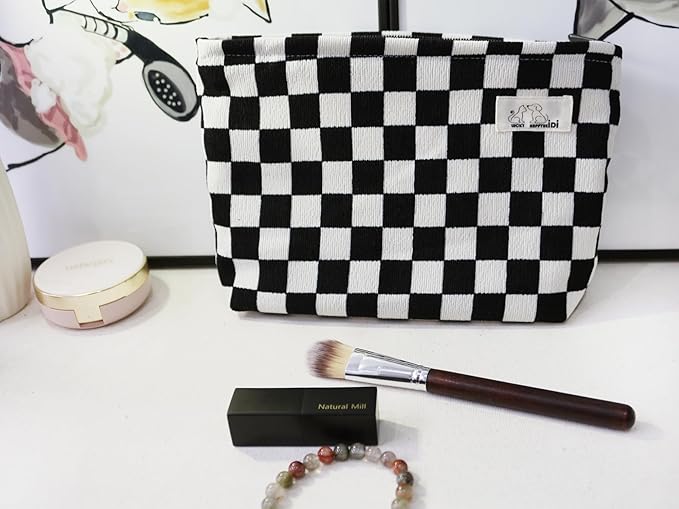 HAPPYHEIDI Women Checkered Corduroy Makeup Bag Cosmetic Pouch Purse Organiser, Canvas Lining, Cute Black White