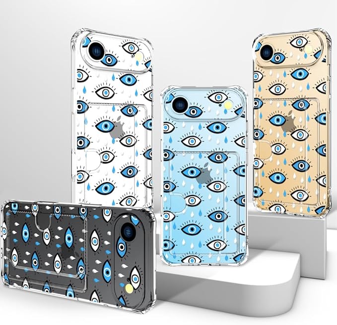 Compatible with iPhone 17 Air Case Card Holder for Women Cute Design,Wallet Phone Cases Transparent Cool Kawaii Protective (Clear Blue Evil Eyes)