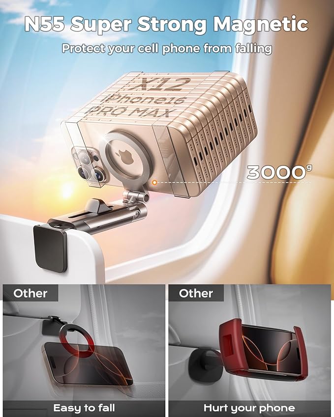 DIMONCOAT for Metal Magsafe Airplane Phone Holder [24*N55 Ultra Magnetic] 360° Adjustable Hands-Free Airplane Phone Mount, Airplane Essentials Phone Stand for Women Men, for iPhone 17 16 15 Pro Max