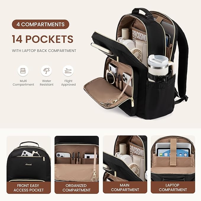 LOVEVOOK Laptop Backpack for Women with Pouch Pocket for Large Capacity Cup,17 Inch Teacher Nurse College Work Backpack Purse,Waterproof Laptop Bag Computer Back Pack for Travel,Black+Wicker pattern